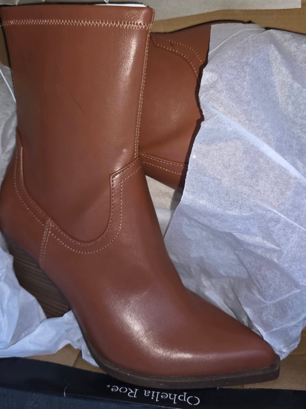 Women's Tan Pointed-Toe Mid-Calf Heeled Boots